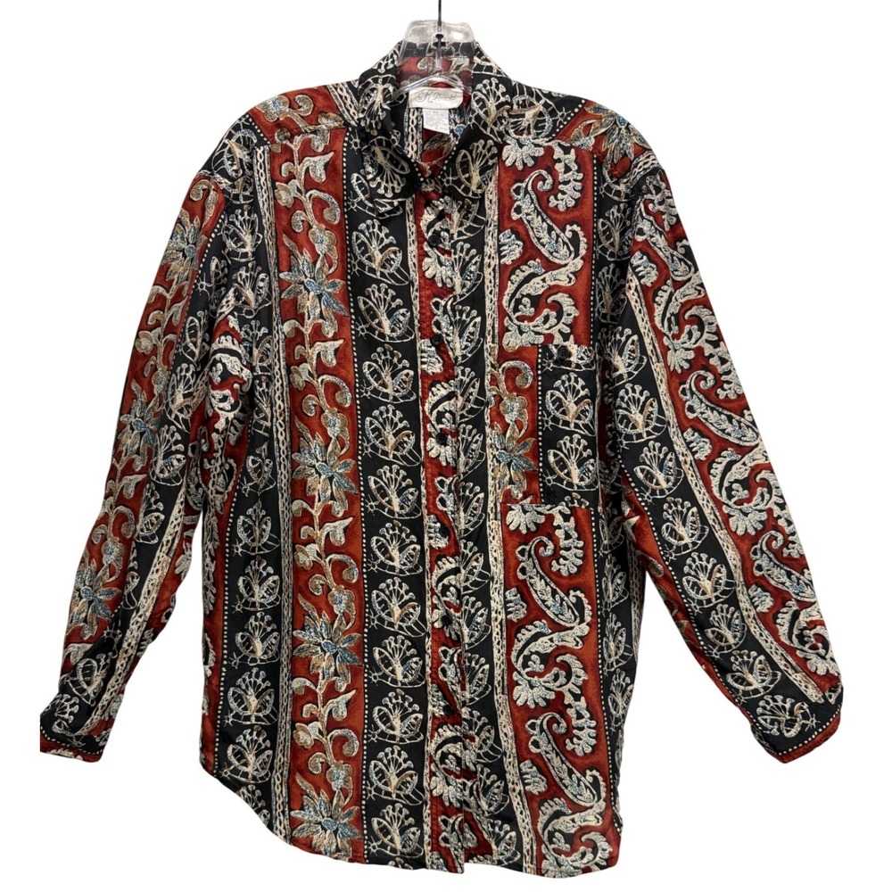 Vintage Silk Blouse Rust Paisley EUC Button Down Long Sleeve pocket Fall Sz S